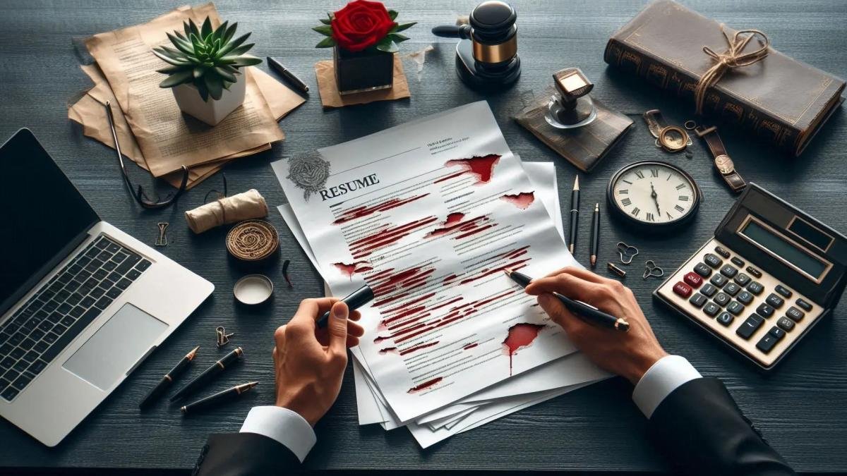 A high-end executive’s desk with a resume in view, torn apart with red ink marks.
