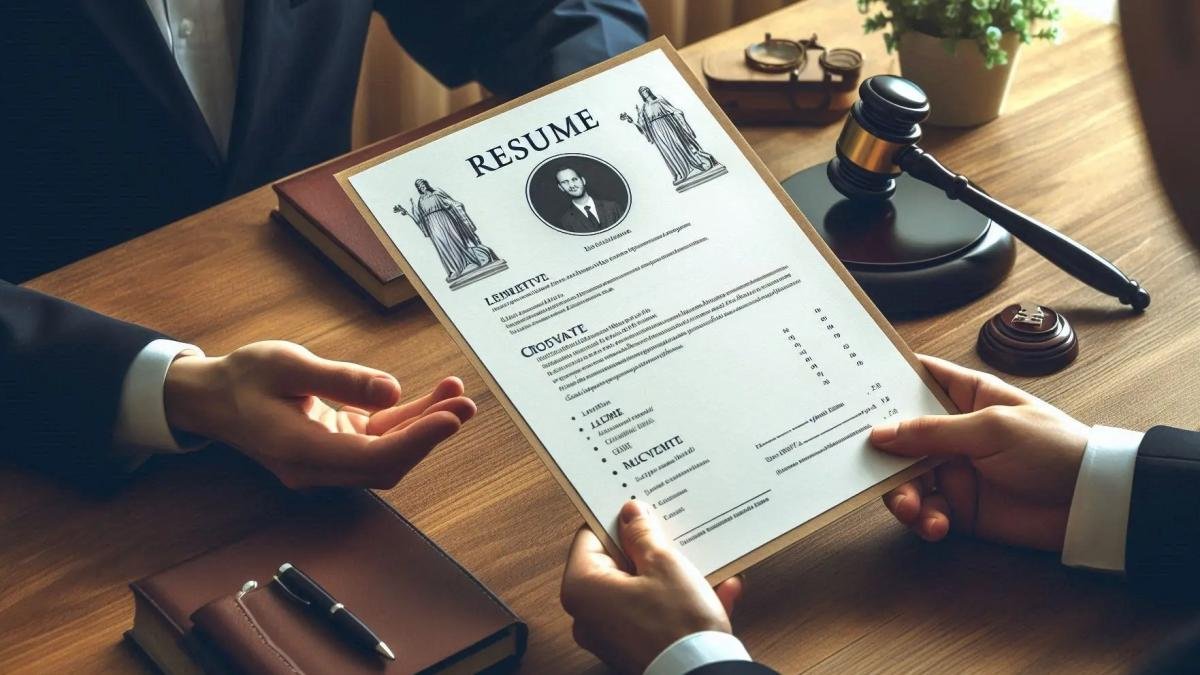 A clean yet creative resume being handed over in a formal setting like a law office.