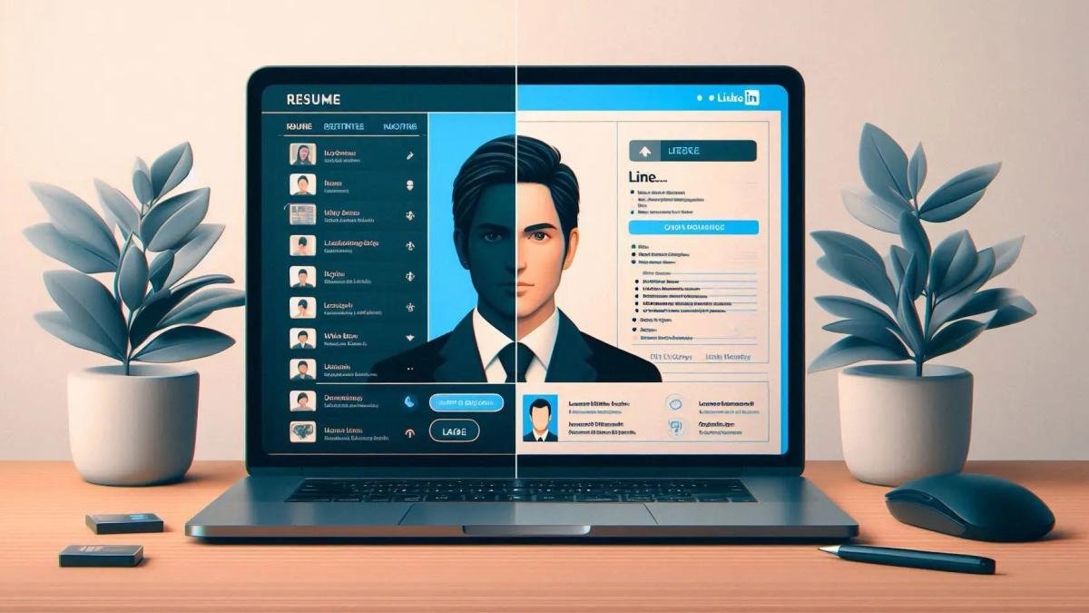 A split-screen image of a resume on one side and a LinkedIn profile on the other.
