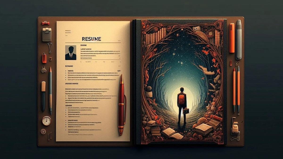A resume on one half of the image and a novel-like book cover on the other.