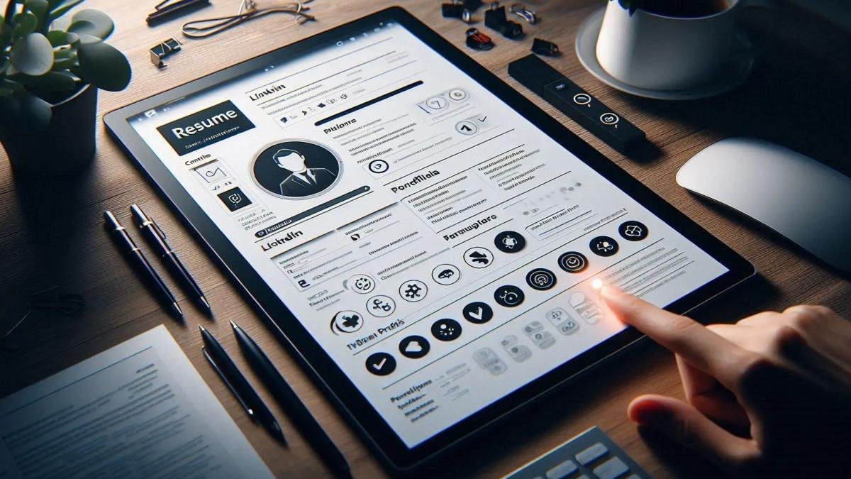 A clean, modern PDF resume on a screen with clickable sections highlighted, showing hyperlinks to a portfolio and social media profiles.