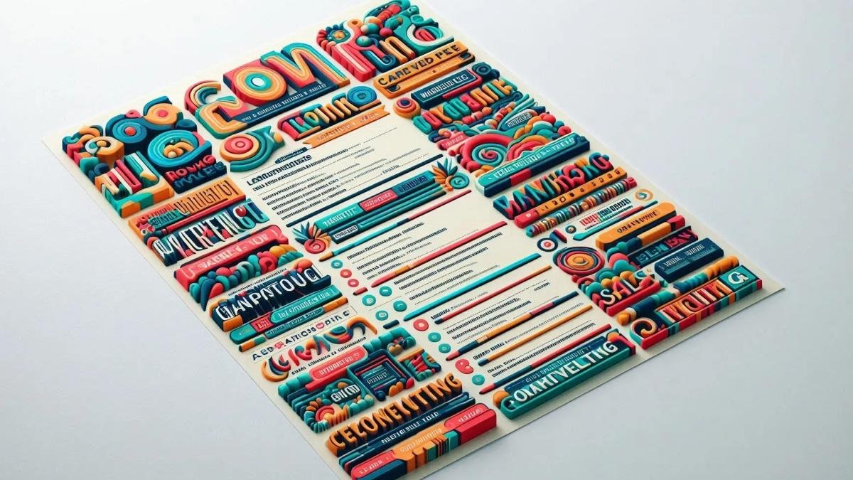 A modern, vibrant resume with various job titles represented in unique, colored fonts.